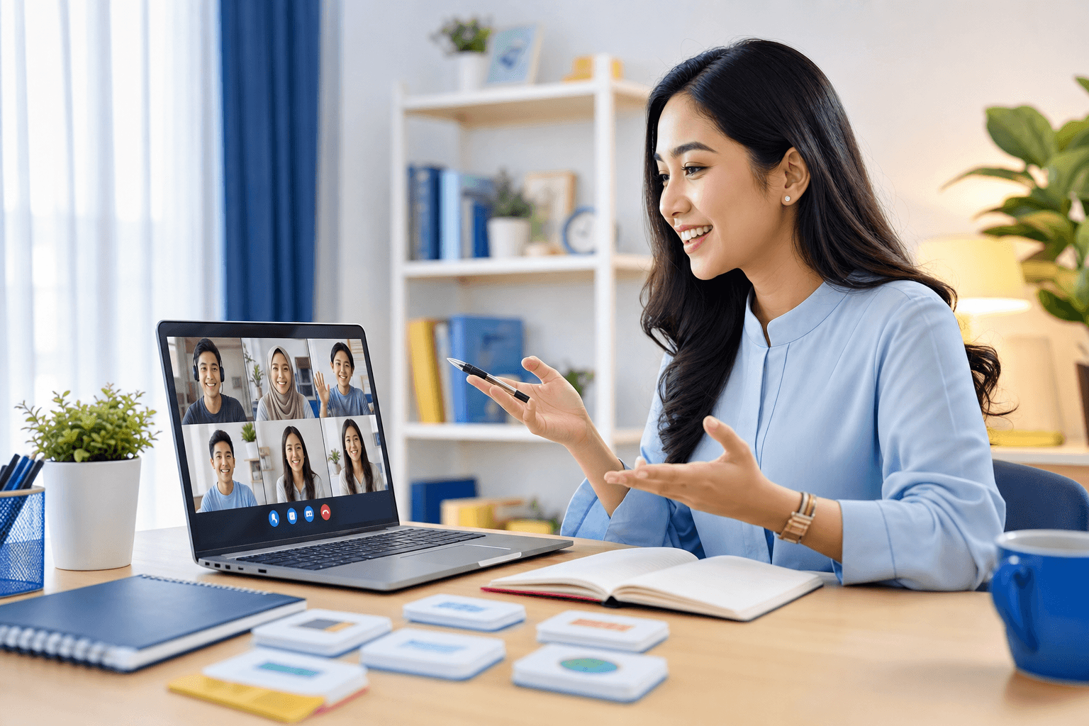 Students learning English online with a teacher